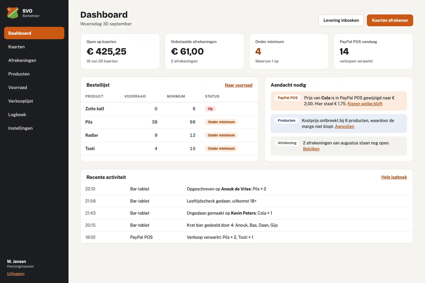 Dashboard van het barbeheer van SV Onderdendam met openstaande barkaarten, bestellijst en logboek