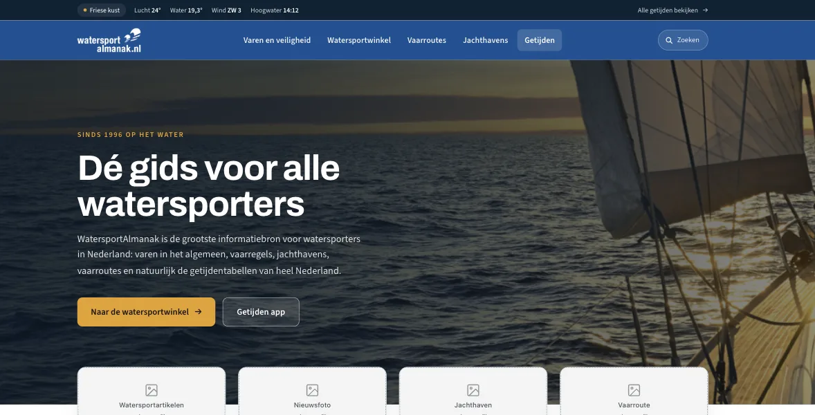 Homepage van de nieuwe WatersportAlmanak-website met de hero 